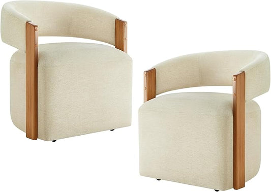 KISLOT Upholstered Dining Chairs with Casters, Modern Barrel Side Armchair with Rollers & Wooden Armrest for Dining Room, Bedroom, Kitchen, Reading Room, Sand, Set of 2