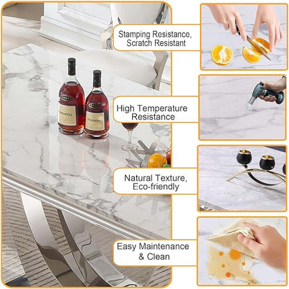 Modern Dining Table for 6-8, 68 Inch White Marble Kitchen Table with Silver Mirrored U-Shape Base, Luxurious Rectangular Faux Marble Dining Room Table for Dining Room,Living Room