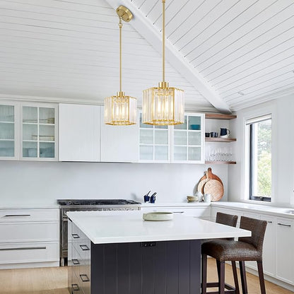 XSDeTu 1 Pack Gold Pendant Lights Kitchen Island, Modern Crystal Pendant Light Fixtures, 1-Light Small Farmhouse Chandelier, Adjustable Brass Hanging Light Fixture for Dining Room, Hallway, Bedroom
