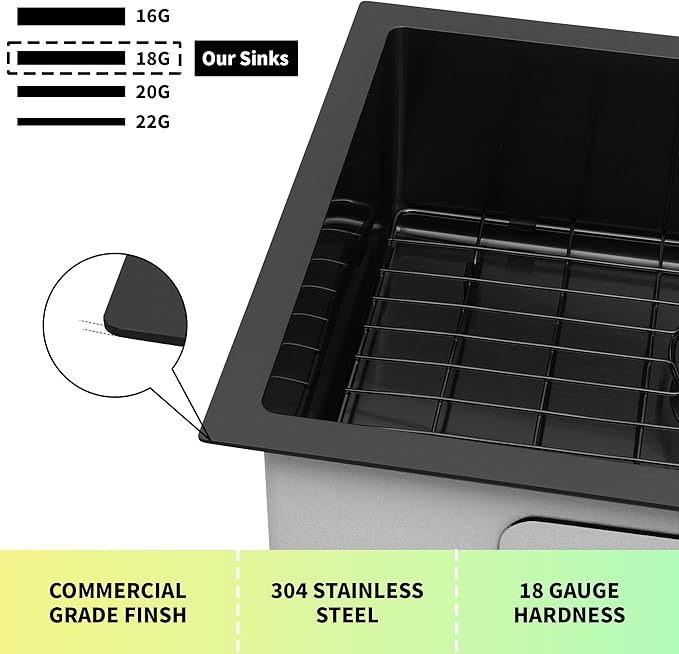 Kitsitchen Black RV Ktichen Sink, 27" x 16" x 7" Black Undermount Kitchen Sink,Stainless Steel Single Bowl Kitchen Sink with Strainer & Bottom Gird Used at RV, Outdoor and Camper