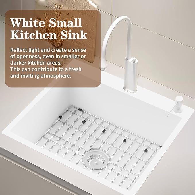 White Stainless Steel Kitchen Sink - 25x22 Inch Single Bowl Topmount With Sink Grid and Drain Assembly - Clean & Bright Bar Sink to Enhance Aesthetic Appeal of Modern Kitchen