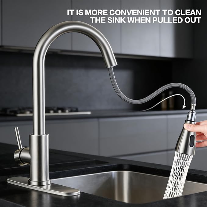 Kitchen Faucet with Pull Down Sprayer，Brushed Nickel, Kitchen Sink Faucet，High Arc Single Handle Classic Stainless Steel Sink Faucet，1 or 3 Hole,Suitable for Farmhouse Camper Laundry Rv Bar