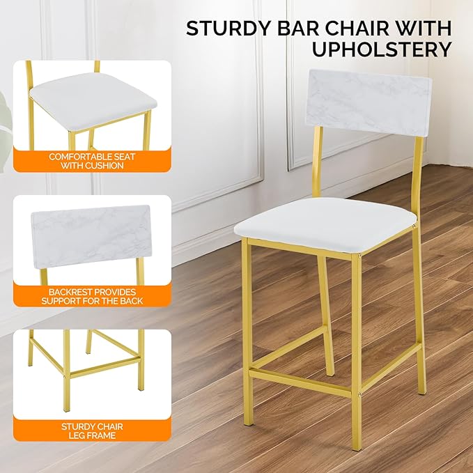 VINGLI Dining Table Set for 2, Kitchen Breakfast Counter Height Small 3 Piece Bar Table and Chairs Set with Storage, White Imitation Marble, Golden Frame