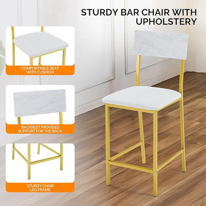 VINGLI Dining Table Set for 2, Kitchen Breakfast Counter Height Small 3 Piece Bar Table and Chairs Set with Storage, White Imitation Marble, Golden Frame