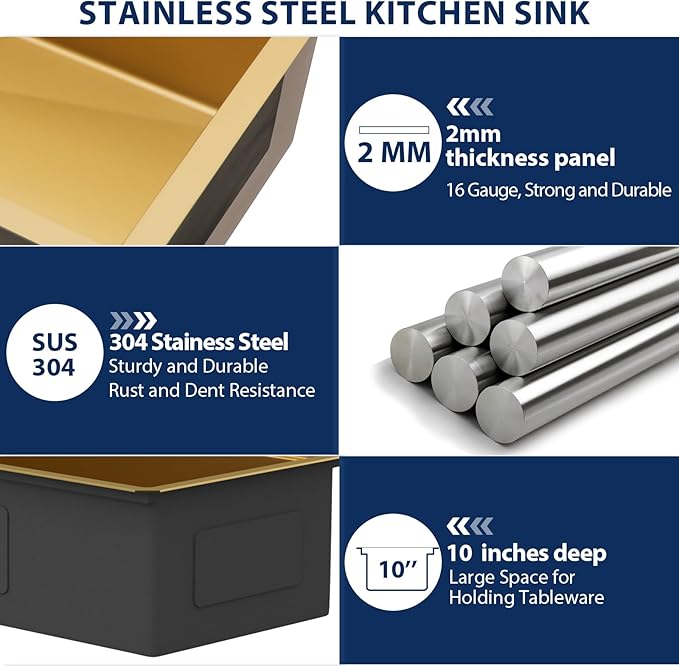Lordear Luxury 45 Inch Gold Undermount Kitchen Sink Large Ledge Workstation T304 16 Gauge Stainless Steel Single Bowl Under Counter Gold Kitchen Sink with Built-in Accessories 45''x19''x10''