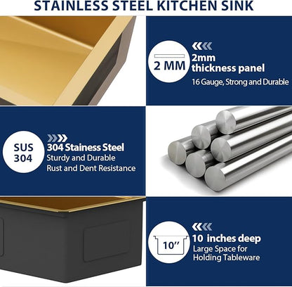 Lordear Luxury 45 Inch Gold Undermount Kitchen Sink Large Ledge Workstation T304 16 Gauge Stainless Steel Single Bowl Under Counter Gold Kitchen Sink with Built-in Accessories 45''x19''x10''