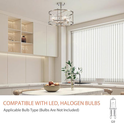 Brushed Nickel Ceiling Light Modern 4-Light Pendant Lighting Fixture 15.7" Adjustable Height Chandeliers with Glass Lampshade Rustic Round Lights for Bedroom Dining Room Kitchen Foyer