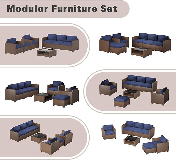Patio Furniture Set 7 Pieces Conversation Set Wicker Outdoor Sectional Sofa,Ergonomic Armrests Couch with Cushion and Glass Table (Brown-Navy, 7 Piece-Double)