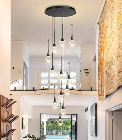 12 Light High Ceiling Crystal Chandelier Dimmable LED Pendant Lights with Remote Adjustable Chandeliers for Foyer Staircase Living Room Black