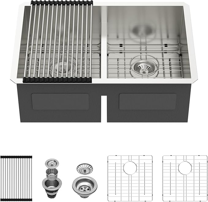 28 Inch Undermount Double Bowl Kitchen Sink 16 Gague 304 Stainless Steel Double Handmade Sinks 50/50 Large Deep Double Bowl Sinks 28"x19"x10"