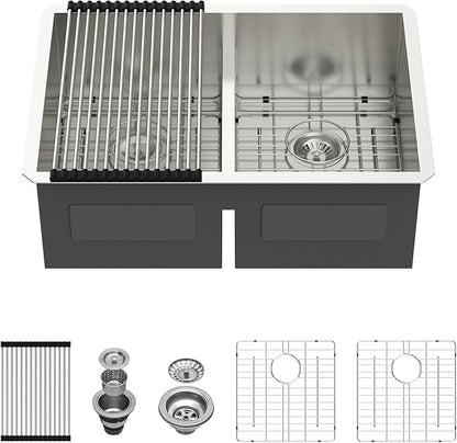 28 Inch Undermount Double Bowl Kitchen Sink 16 Gague 304 Stainless Steel Double Handmade Sinks 50/50 Large Deep Double Bowl Sinks 28"x19"x10"