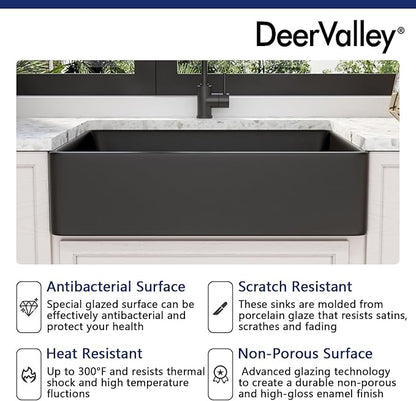 DeerValley Black Farmhouse Workstation Sink 33 Inch, Fireclay Apron Undermount Single Bowl Kitchen Sink with Accessories