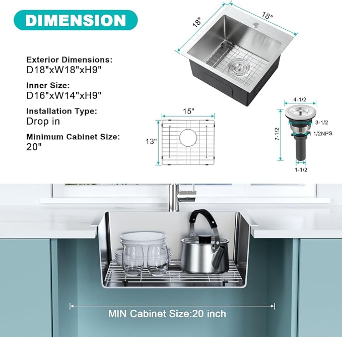 18x18 Inch Drop in Kitchen Sink, 304 Stainless Steel Single Bowl with Bottom Grid Mat & X-Shape Drain, 9” Deep Compact Sink for Small Kitchen, Apartment, RV, Wet Bar