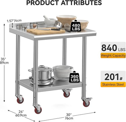 DWVO 30x24in Stainless Steel Table, NSF Metal Prep Worktable with Backsplash & Wheels for Kitchen Restaurant Hotel Garage Warehouse Home