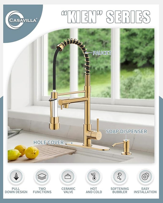 Kitchen Faucet with Soap Dispenser, Brushed Gold Kitchen Faucet, Kitchen Faucets with Pull Down Sprayer and Deck Plate, Stainless Steel Spring Camper Laundry RV Faucets for Kitchen Sinks