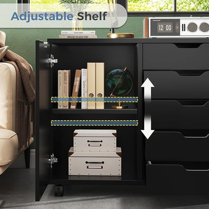 DUMOS 5 Drawer File Cabinet Office Drawers Organizer with Wheels Rolliing, Under Desk Cabinets with Shelves and Door Printer Stand with Wood Board Metal Frame for Home Office Storage Craft Room, Black
