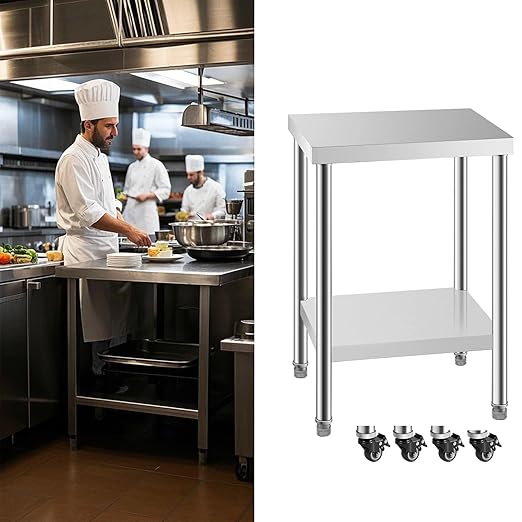 NSF Stainless Steel Table for Prep & Work with Caster 24 x 18 Inches, Metal Commercial Kitchen Table with Under Shelf and Adjustable Table Foot for Restaurant, Home and Hotel