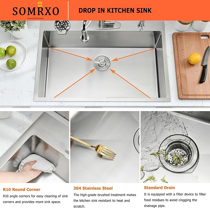 30 Inch Drop In Kitchen Sink with Faucet Combo - Stainless Steel Drop In Sink with Cup Washer, 9 Inch Deep Single Bowl Kitchen Sinks and Faucets Combo Set,Top Mount Design for Modern Kitchens