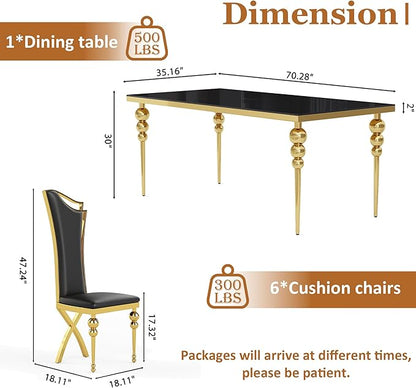 Glass Dining Table Set for 6, Luxurious 70 Inch Rectangular Kitchen Table with Black Tempered Glass Top, 6 Black PU Leather Cushion Chairs for Dining Room, Restaurant, Living Room