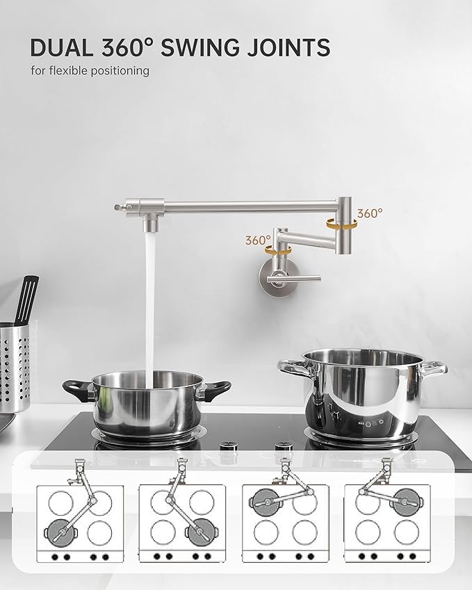 Fransiton Brushed Nickel Pot Filler, Pot Filler Faucet Wall Mount, Brass Folding Stretchable with Double Joint Swing Arm Single Hole Two Handles Kitchen