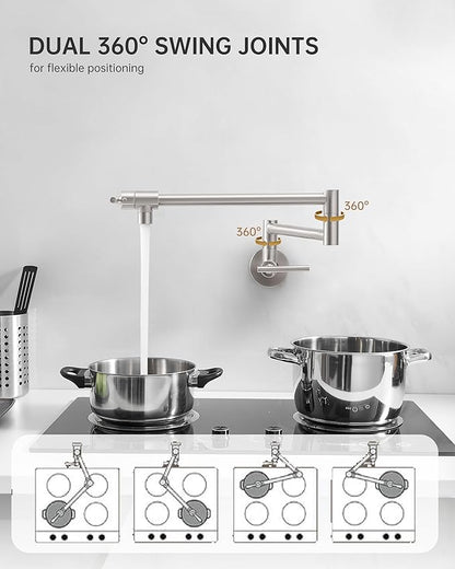 Fransiton Brushed Nickel Pot Filler, Pot Filler Faucet Wall Mount, Brass Folding Stretchable with Double Joint Swing Arm Single Hole Two Handles Kitchen