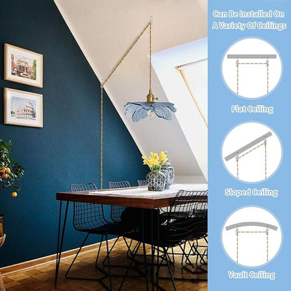Plug in Pendant Light, Vintage Hanging Light with Plug in Cord On/Off Switch Brushed Brass Pendant Light fixtures with Blue Glass Shade 1-Light Hanging Light for Kitchen Dining Room Bedroom