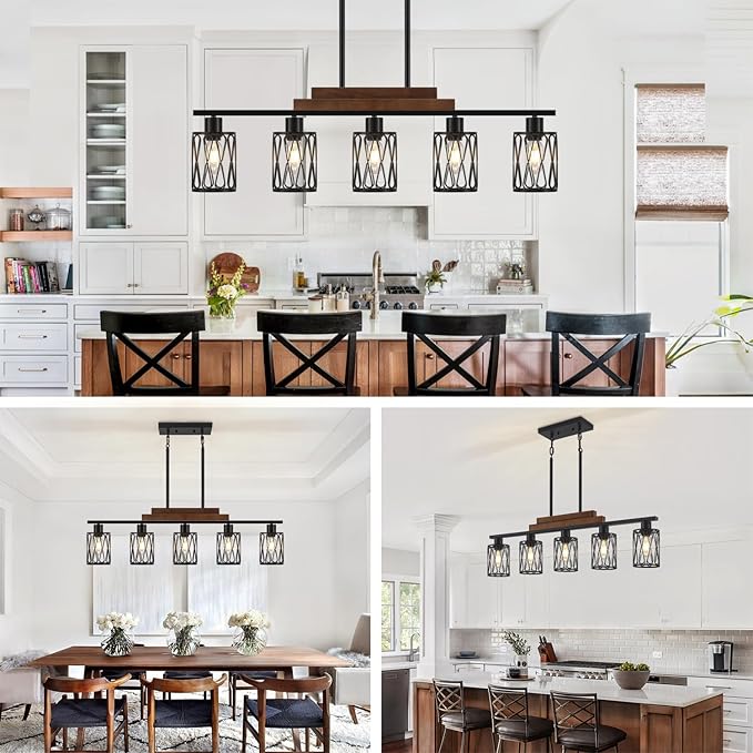 5-Light Farmhouse Kitchen Island Lighting Dining Room Light Fixture Over Table Matte Black Rustic Wood Hanging Kitchen Chandelier with Metal Shade Adjustable Height Pendant Lights for Dining Room