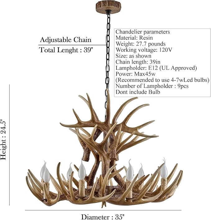 Rustic Antler Chandelier 9-Light, Farmhouse Deer Antler Chandelier Lighting, Retro Antler Light Fixtures for Living Room Dinning Room Kitchen Foyer Bar Store (9 lamp arms + 6arms)