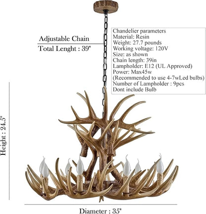 Rustic Antler Chandelier 9-Light, Farmhouse Deer Antler Chandelier Lighting, Retro Antler Light Fixtures for Living Room Dinning Room Kitchen Foyer Bar Store (9 lamp arms + 6arms)