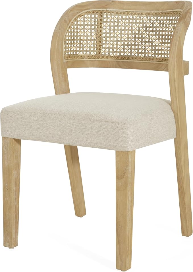 Christopher Knight Home Selwyn Dining Chairs Set of 2, Modern Dining Chair with Fabric Upholstery and Curved Back, Rubberwood Frame Kitchen Chairs with Cane Webbing, Accent Chairs, Beige+Natural