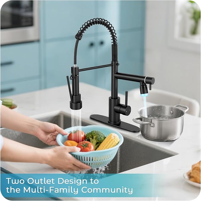 LED Kitchen Faucet with Pull Down Sprayer - Matte Black Single Handle Commercial Kitchen Faucets, 2-Spout Kitchen Sink Faucet, Stainless Steel Spring Pull Out Sink Faucet 1/3 Hole