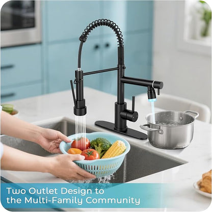 LED Kitchen Faucet with Pull Down Sprayer - Matte Black Single Handle Commercial Kitchen Faucets, 2-Spout Kitchen Sink Faucet, Stainless Steel Spring Pull Out Sink Faucet 1/3 Hole