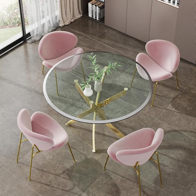 36'' Round Glass Dining Table for 2-4, Round Dining Room Table with X-Shape Metal Legs for Kitchen Living Room, Glass and Gold Kitchen Table for 4