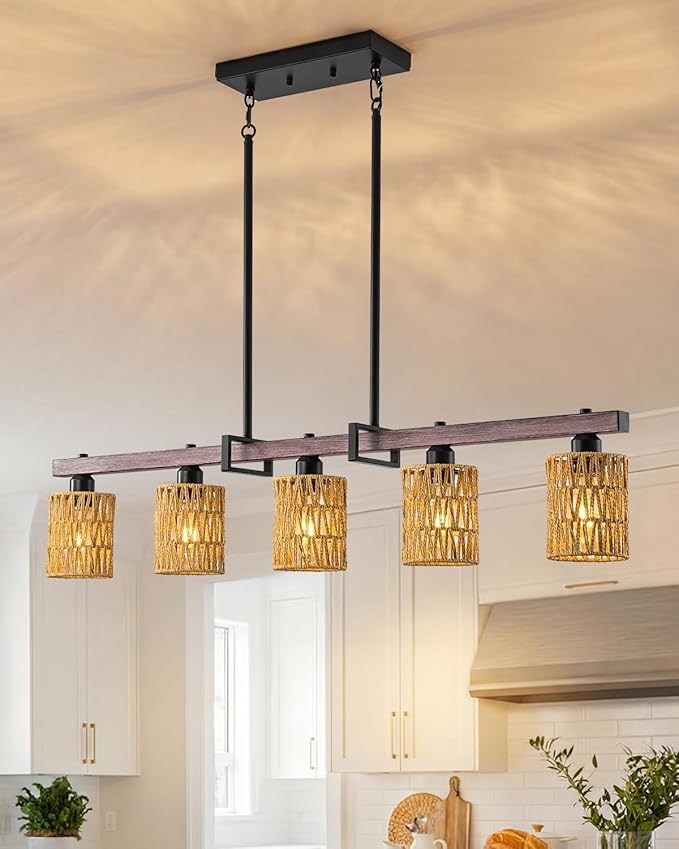 5-Light harmhouse Kitchen Island Light Fixture, Linear Chandelier for Dining Room, 5-Light Rustic Pendant Light Over Table, Handmade Woven Farmhouse Wicker Chandelier