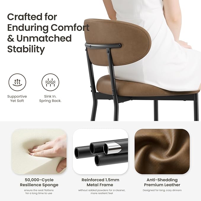 Upholstered Dining Chairs Set of 4, Modern Faux Leather Kitchen Chairs with Curved Backrest and Cushioned Seat, Sturdy Metal Legs, Comfortable Accent Chairs for Kitchen Dining Room, Living Room,Brown