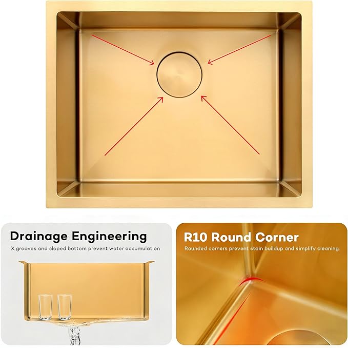 MILOSEN Gold Kitchen Sink, 23x18 inch Gold Undermount Kitchen Sinks, 16 Gauge T304 Stainless Steel Laundry Sinks with Custom Accessories, Deep Single Bowl Utility Sink with Bottom Grid