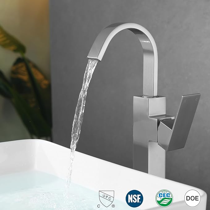 Brushed Nickel Single Handle Tall Bathroom Faucet，Vessel Sink Faucet Waterfall Bathroom Faucet Single Hole Lavatory Vanity Tap Single Hole Bar Sink Faucet with Pop Up Drain and Supply Lines,SL50044BN
