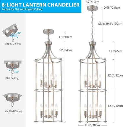 XINGQI Brushed Nickel Chandeliers for High Ceilings, 8 Light Lantern Tiered Chandelier Modern Farmhouse Cage Pendant Lighting Fixture for Staircase Foyer Kitchen Island Dinning Room Living Room