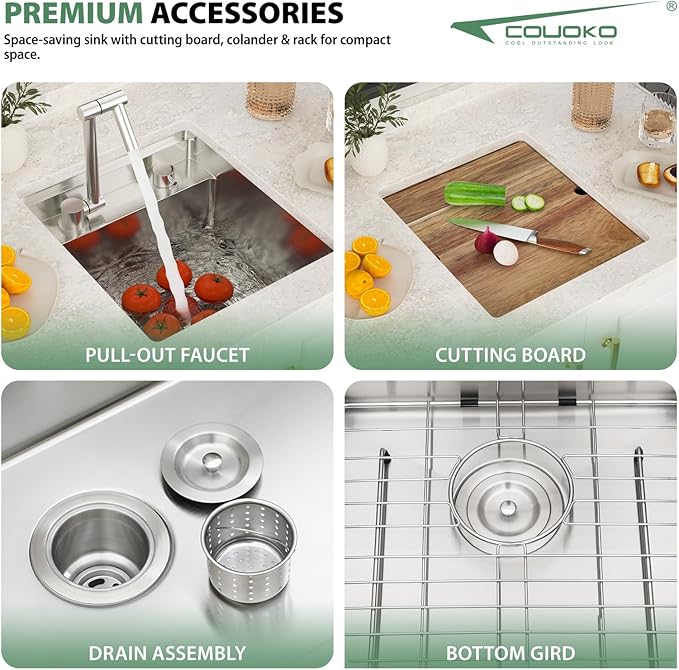 16x17 Inch Outdoor Sink Undermount RV Sink Workstation 16 Gauge Stainless Steel Single Bowl Handmade Concealed Outdoor Kitchen Sinks With Folding Faucet 16"x17"x9"