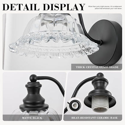 Vintage Wall Sconce Light, Matte Black Bathroom Sconces Wall Lighting, Antique Wall Light Fixture with Clear Flower Glass Shades, Indoor Wall Sconces for Living Room Bedroom, 1-Light Wall Lamp