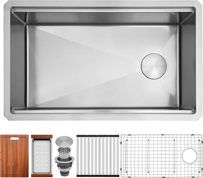 Undermount Kitchen Sink 31 inch,16 Gauge Stainless Steel Workstation Sinks,Large Single Bowl Kitchen Sink Offset Drain (31" X 18")
