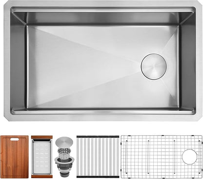 Undermount Kitchen Sink 31 inch,16 Gauge Stainless Steel Workstation Sinks,Large Single Bowl Kitchen Sink Offset Drain (31" X 18")