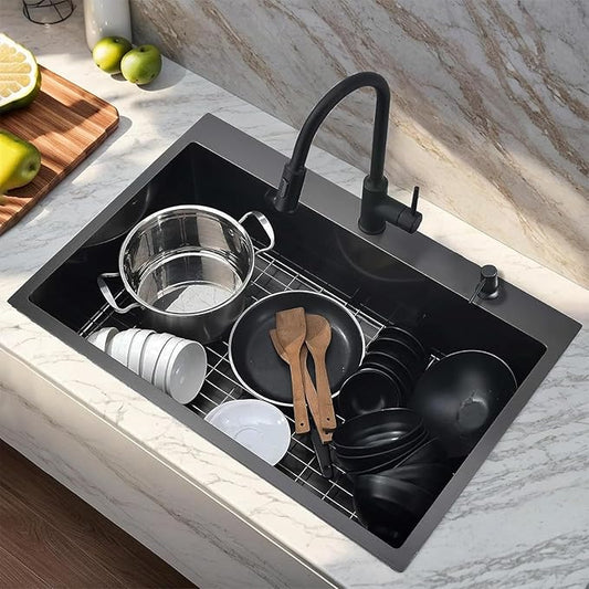 VAPSINT 28 Inch Black Drop In Kitchen Sink, 28x18 Inch Top Mount 16 Gauge Comemercial Stainless Steel Gunmetal Black Handmade Single Bowl Sink for Kitchen with Drain Strainer & Grid