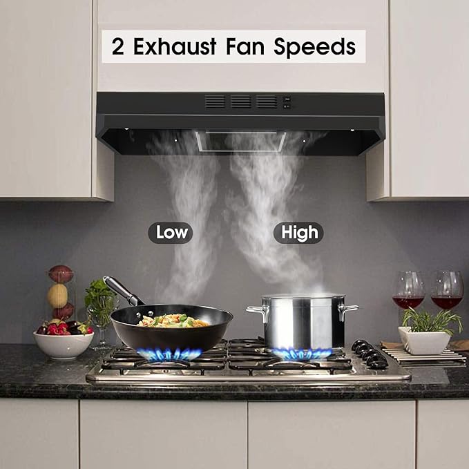 Under Cabinet Range Hood 30 inch, Ducted/Ductless Convertible Kitchen Stove Hood, Stainless Steel Vent Hood w/Rocker Button Control, 2 Speeds Exhaust Fan, 280CFM, Black