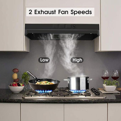Under Cabinet Range Hood 30 inch, Ducted/Ductless Convertible Kitchen Stove Hood, Stainless Steel Vent Hood w/Rocker Button Control, 2 Speeds Exhaust Fan, 280CFM, Black