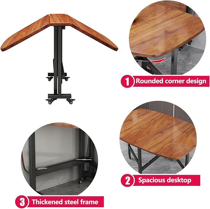 Solid Wooden Foldable Kitchen Table with 6 Wheels, Solid Wooden Foldable Kitchen Table with Carbon Steel Pipe Bracket, Space Saving Butterfly Drop Leaf, Versatile Collapsible Extendable Table(Natural,