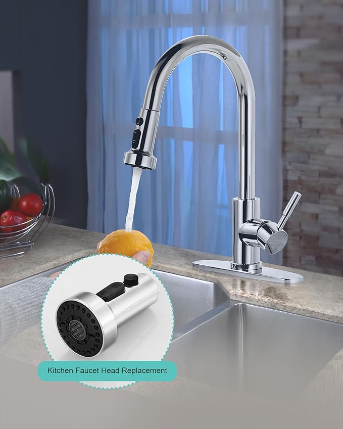 Pull Down Faucet Head Replacement: 3-Function Kitchen Faucet Sprayer Head Replacement with 9 Adapters - Chrome Sink Spray Nozzle Compatible with Moen, Delta, American Standard Faucets