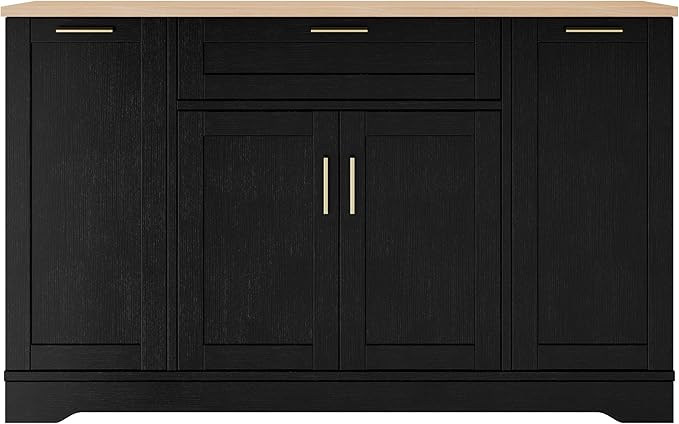 Sideboard Buffet Cabinet with 3-Tier Pull-Out Rack, Multi-Functional Kitchen Island with Adjustable Shelves and Drawers, Wood Buffet Table for Kitchen, Dining Room, Living Room, Black