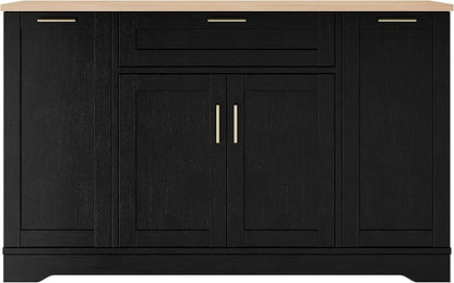 Sideboard Buffet Cabinet with 3-Tier Pull-Out Rack, Multi-Functional Kitchen Island with Adjustable Shelves and Drawers, Wood Buffet Table for Kitchen, Dining Room, Living Room, Black