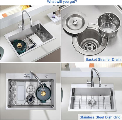 MENATT 25 Inch Drop in Kitchen Sink Brushed, 18 Gauge Stainless Steel 2 Holes Single Bowl Topmount Kitchen Sinks with Drain Assembly & Grid, D25"xW18"xH9"